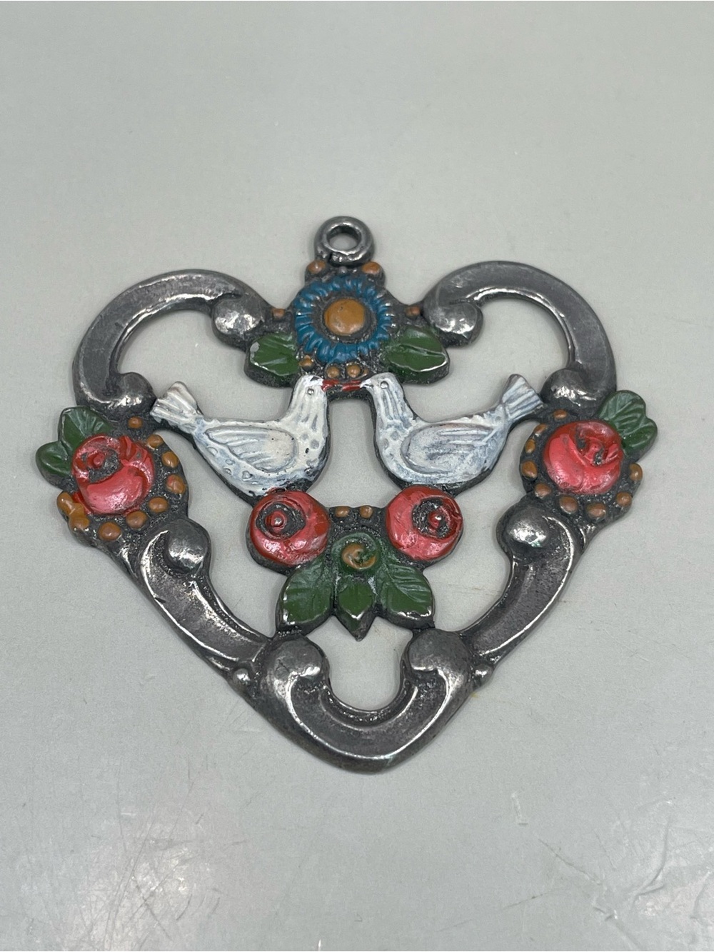 Vintage Signed Kuhn Zinn 93% Pewter Hand Painted Christmas Ornament Doves Heart